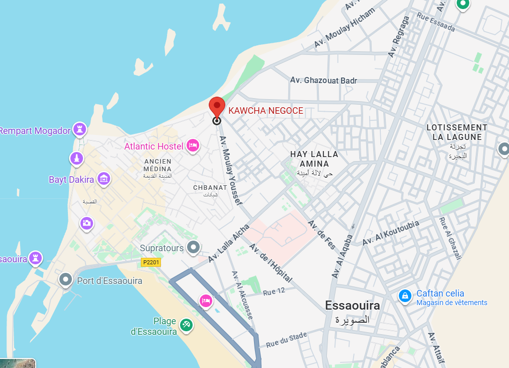 Localisation Kawcha Négoce, 7-02 Rue Razzi Bab Doukkala, Essaouira, Maroc